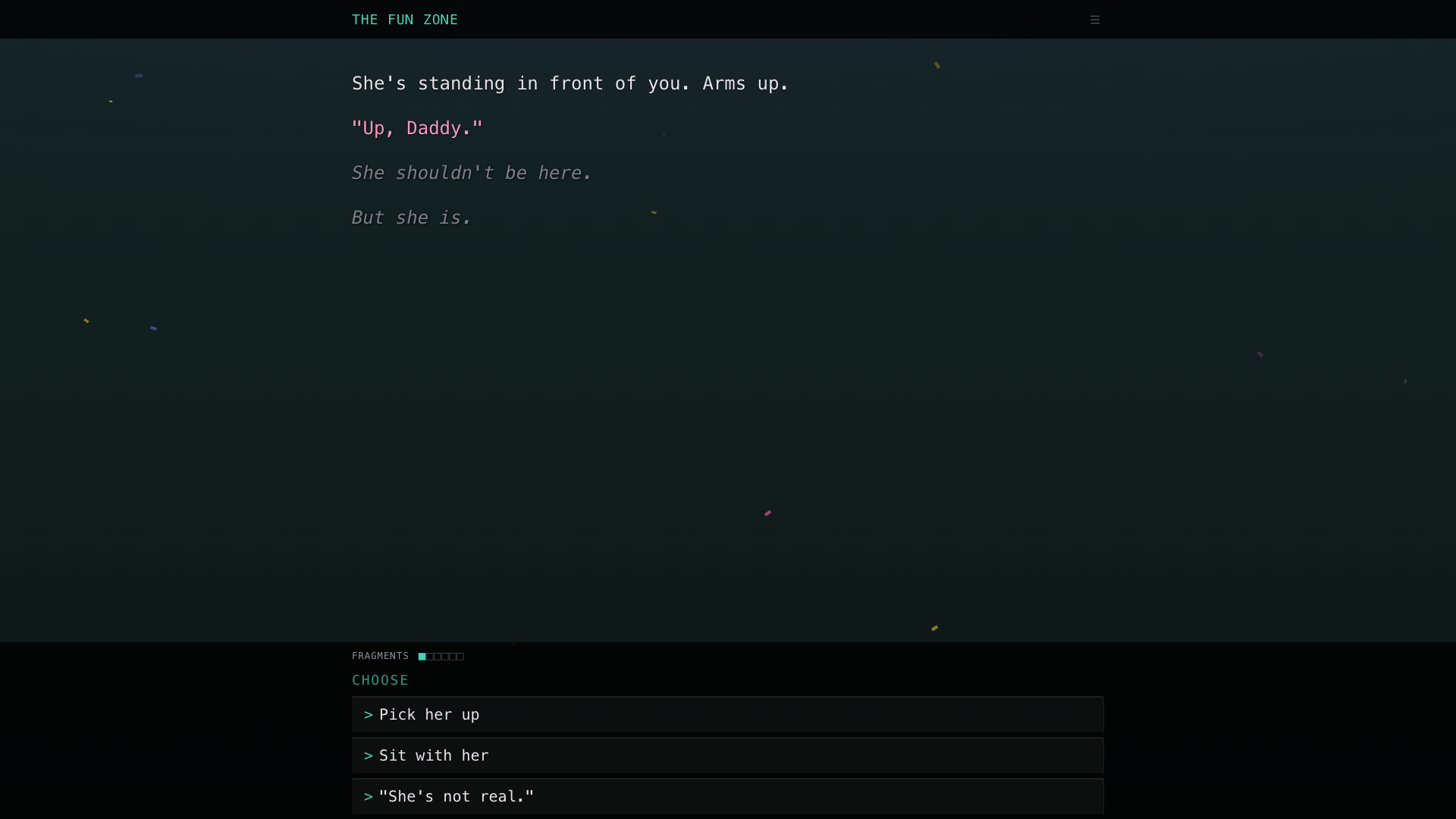 A daughter stands in front of you. Three choices appear on screen.