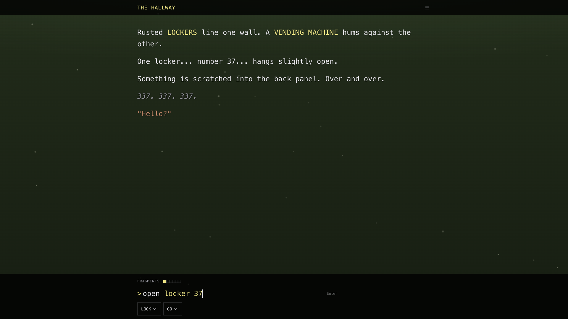 A long hallway stretches ahead. Fluorescent lights hum overhead.