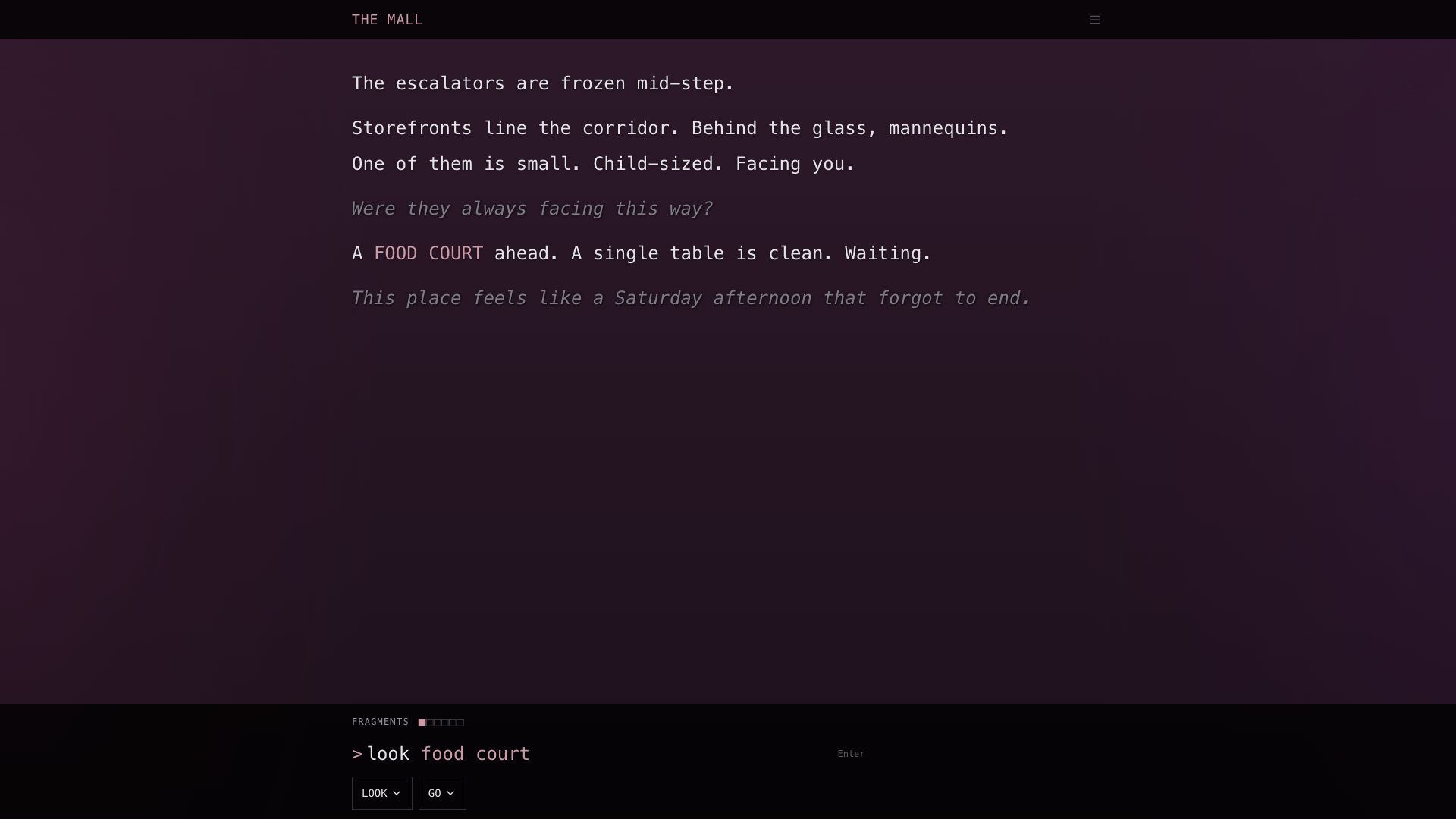 An abandoned mall. Frozen escalators, empty storefronts.