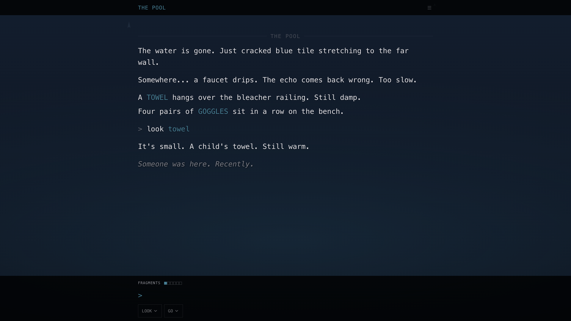 An empty pool area. Cracked blue tile, still water.