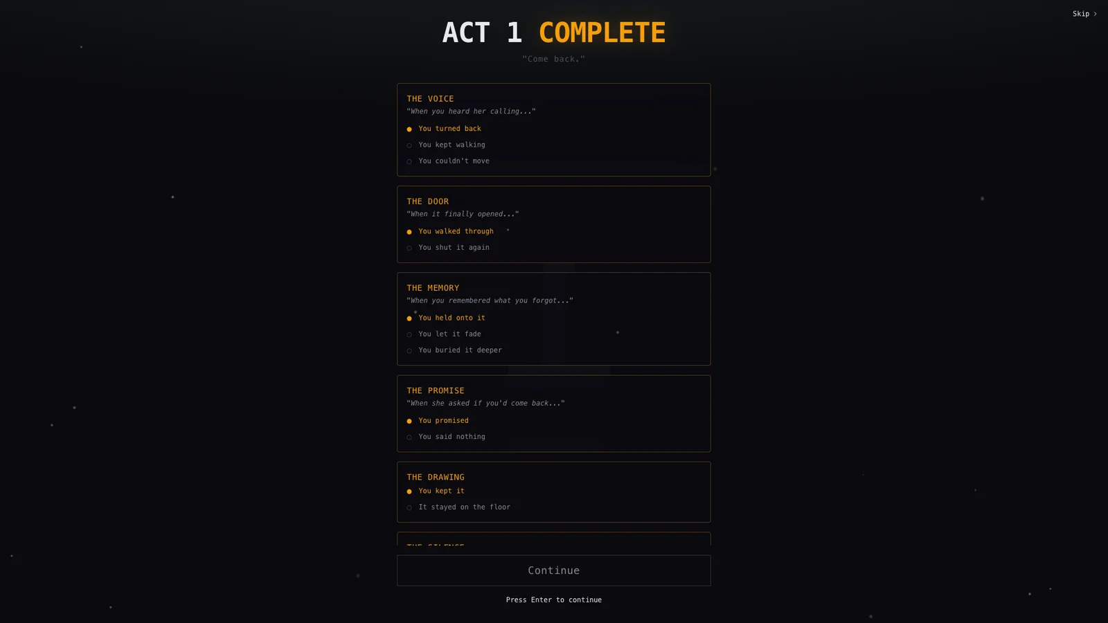 Act summary screen, shown with placeholder choices
